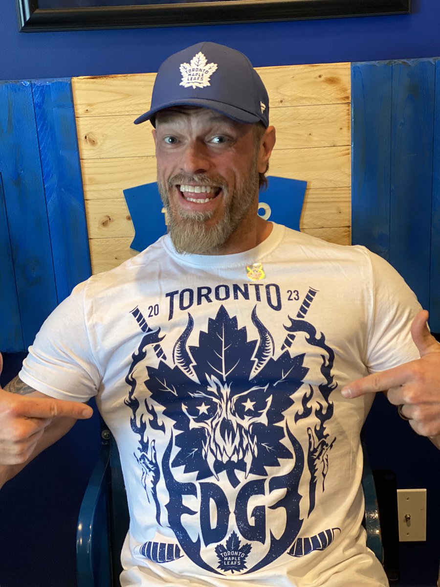 Oh man I’m stoked! Hot off the presses! The @MapleLeafs x Edge collaboration t shirt is here. Only available at the @ScotiabankArena next Friday where I (finally) face @WWESheamus one on one to celebrate my 25th anniversary in @wwe
