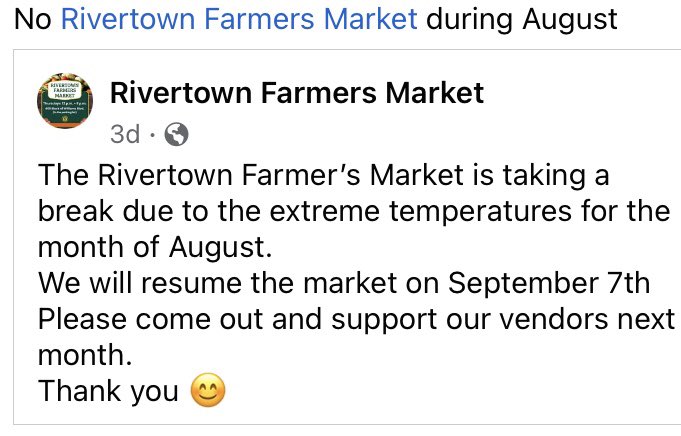BayouPantry's tweet photo. The Rivertown Farmers Market will not be holding the market during the month of August. 
Come visit us on Wednesdays at The Lafreniere Park Farmers Arts Market in Metairie from 2pm-7pm. 
#kennerla #metairiela #jeffersonparish #freezedriedneworleans #kennerrivertown https://t.co/6eTawxsu30