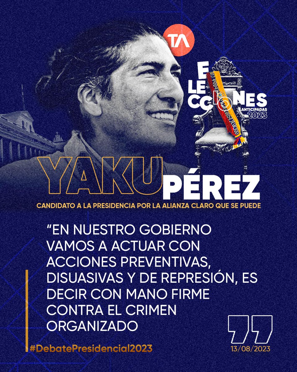 #DebatePresidencial2023 l "Sin seguridad ciudadana no hay trabajo". Yaku Pérez, candidato a la Presidencia por la Alianza Claro que se puede. Siga el debate en vivo aquí: ow.ly/AUu950PyfZE
