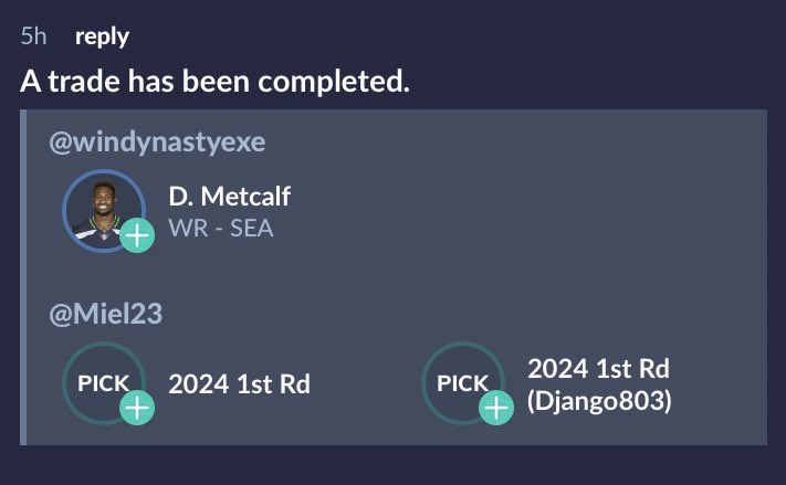 TheTrenchesFFL's tweet photo. 🚨 Trade Alert 🚨 
What are your thoughts? DK Metcalf for Two 1st rounders 
#FantasyFootball #Dynasty #Trade #NFL https://t.co/rJTYUD159c