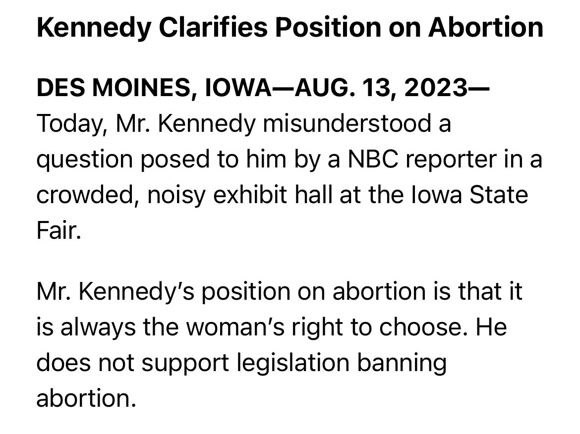 IsaacDovere's tweet image. Kennedy’s campaign issues a “clarification,” not attributed to him, which states that he didn’t mean to give the answer that he gave: