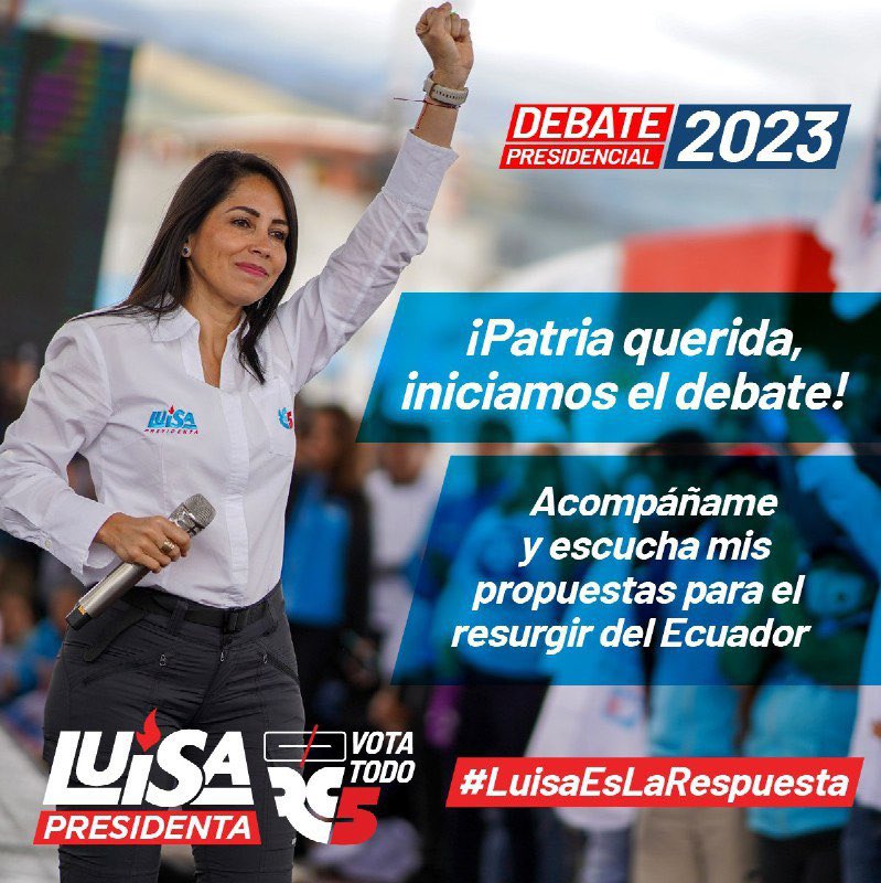 LuisaGonzalezEc's tweet photo. Ecuador querido, iniciamos el Debate 2023, acompáñame y conoce mis propuestas que levantará a nuestra Patria. 💪🏼
¡Hoy, juntos más que nunca! 

https://t.co/fQQPfDacot

#LuisaEsLaRespuesta https://t.co/6tUHmkLA0N