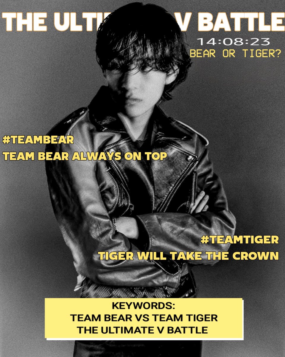 sugadboy's tweet photo. — ARMY, acaba de comenzar un streaming party enfocado en 'Love Me Again' y 'Rainy Days' de #V con una dinámica de equipos.

Eligan su equipo, BEAR o TIGER, y súmense comentando capturas y usando los hashtags ↓

TEAM BEAR VS TEAM TIGER
THE ULTIMATE V BATTLE https://t.co/dH0kh5eZzU