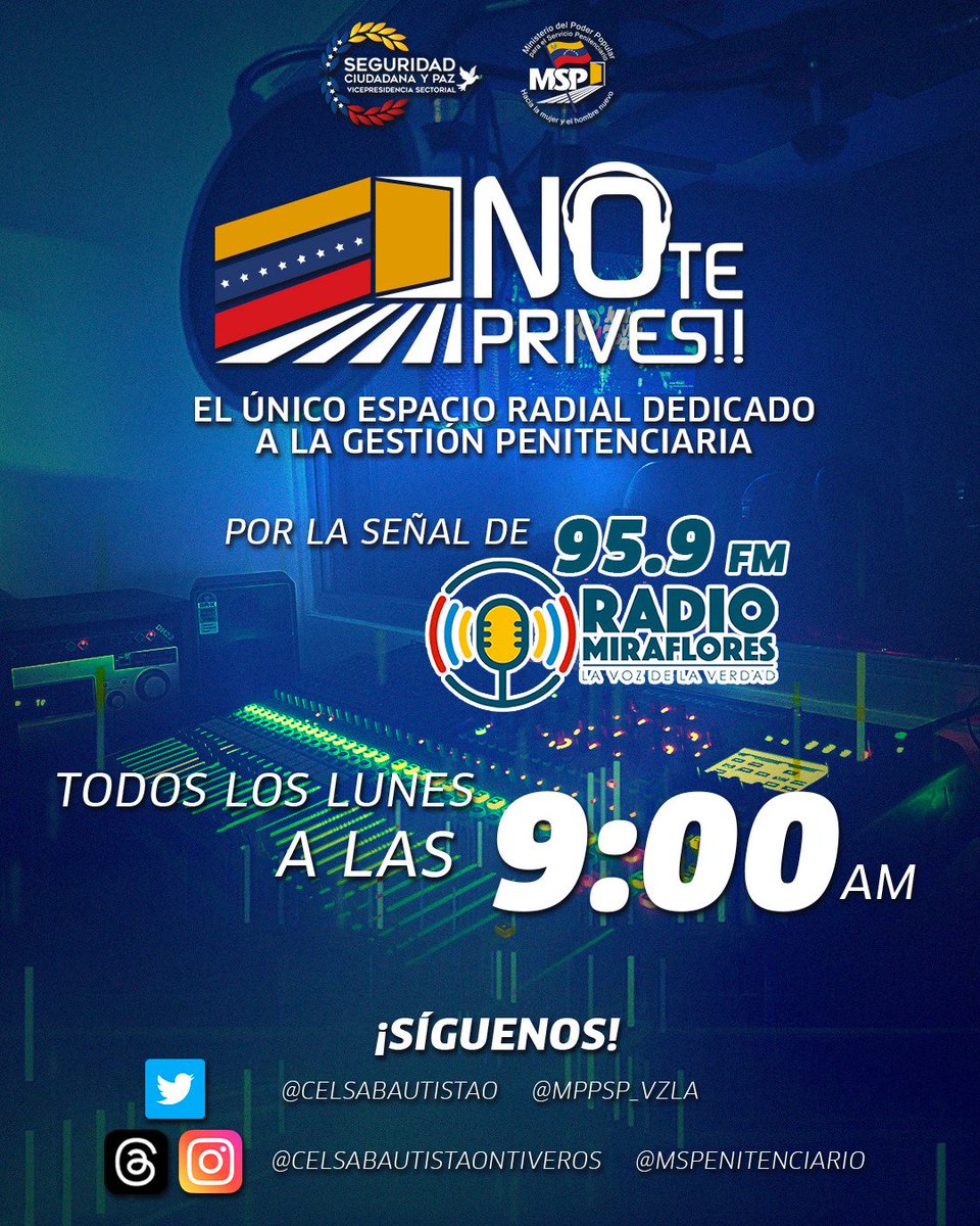 #13AGO 📻 No te puedes perder "No Te Prives" el único espacio dedicado a la gestión penitenciaria, a través de la señal de <a href="/SomosRMNoticias/">Radio Miraflores #LaVozDeLaVerdad</a> 95.9 FM, todos los lunes a las 9:00 de la mañana

#VamosARecrearnos