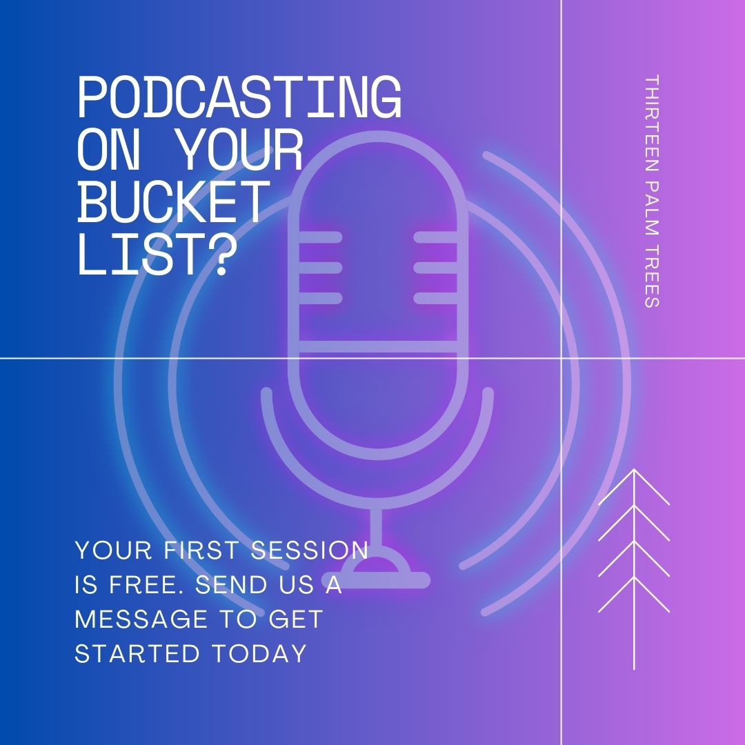 13PalmTreesPP's tweet photo. If you've ever wanted to start a podcast, #ThirteenPalmTrees has got your back!
FIRST SESSION of your podcast is FREE!
Allowing you to see the process & if it's something you're interested in continuing!
Shoot us a message to get the ball rolling today!
#13pt #podcast #bucklist https://t.co/j4F9wlHULO