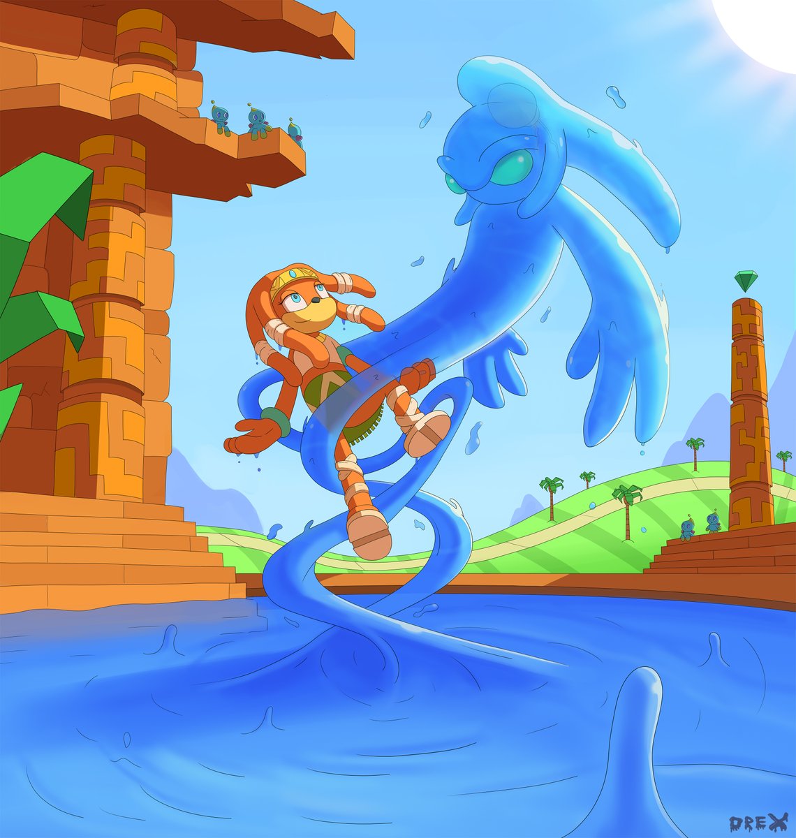 There was only one Echidna in their tribe who could tame the God of Destruction. Until they started stepping on its' Chao friends and stealing its' emeralds, that is...

Drew this one up a while back of #Chaos0 and #Tikal.

#slime #goo #Sonic #SonicTheHedeghog