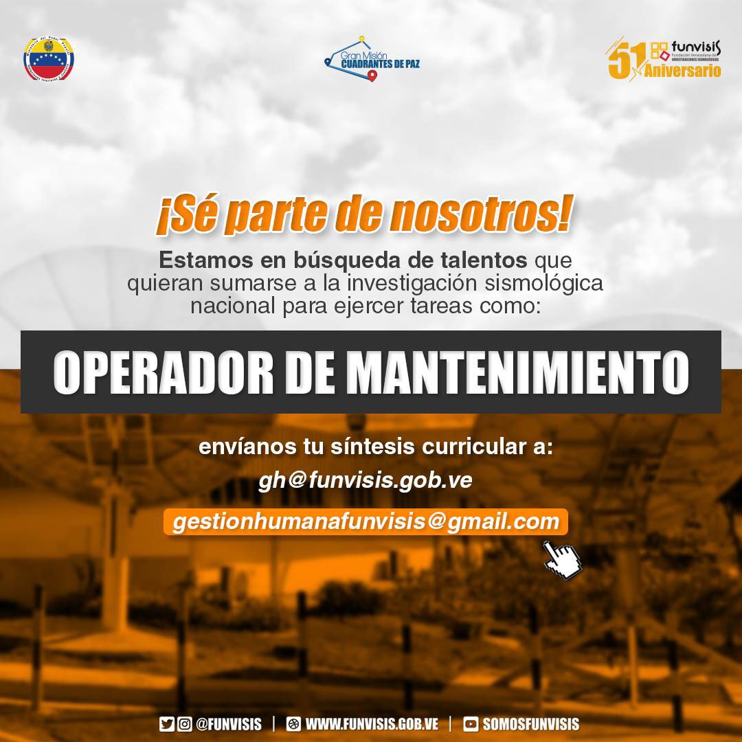 ¿Vives en #Caracas y quieres formar parte de nuestro equipo de trabajo? Envía tu CV a: 📧gestionhumanafunvisis@gmail.com 📧 gh@funvisis.gob.ve

#OperadorDeMantenimiento #Empleo #EmpleoEnCaracas #Funvisis #SomosFunvisis #CienciaQueSalvaVidas
#VamosARecrearnos