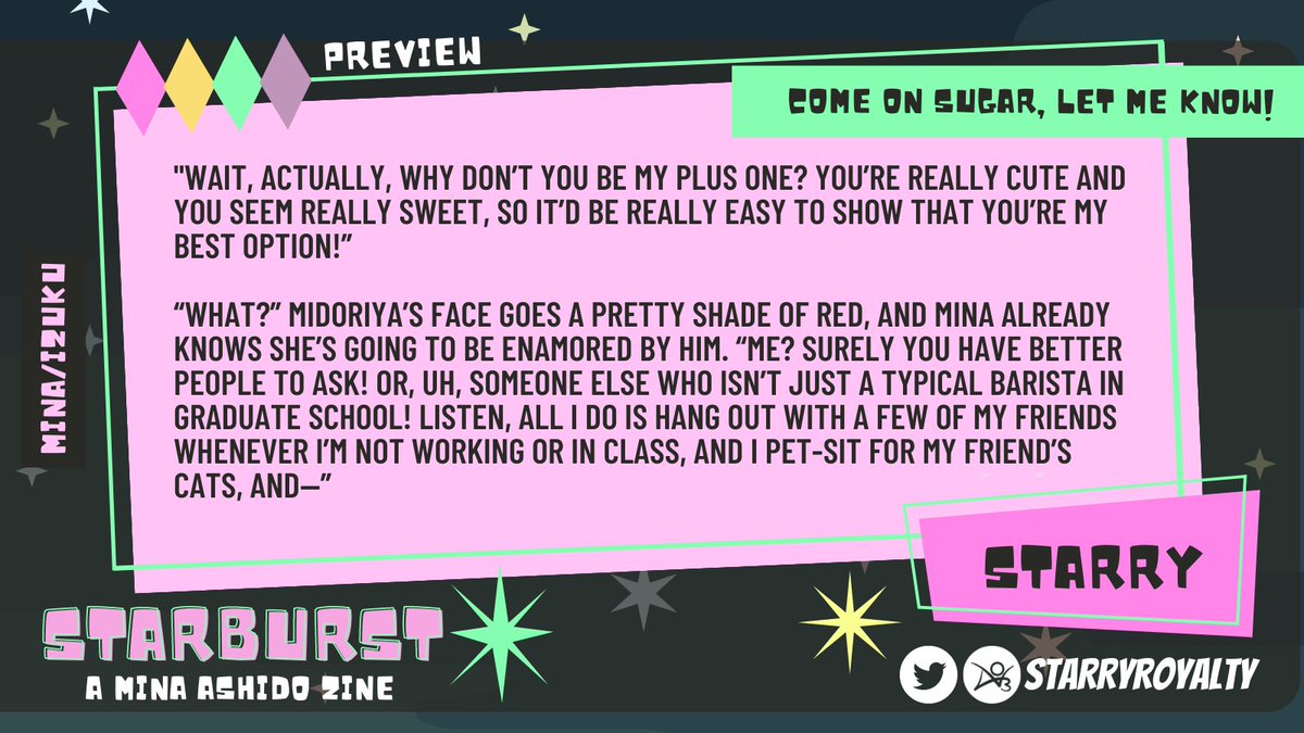 A little late, but <a href="/StarburstZine/">💫 Starburst 💫 Zine Release 💖</a> is fully released and ready for download, complete with gorgeous artwork and fantastic stories! Here's my preview down below :3c I had fun writing one of my fav rarepairs for this beauty! 🩷💚

download here!: x.com/starburstzine/…