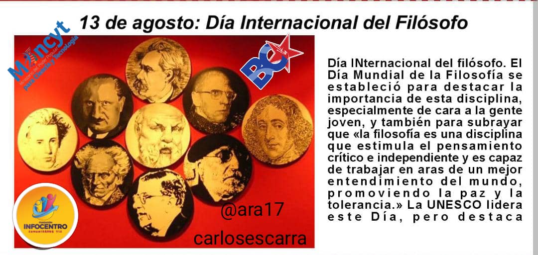 Este 13 de agosto se celebra el Día Internacional del Filósofo. En el marco de este día se busca destacar la labor de las personas que han dedicado su labor a dar respuestas a las preguntas existenciales.
#VamosARecrearnos 
<a href="/Gabrielasjr/">Gabriela Jiménez</a> 
<a href="/LaRosaInfoVE/">LaRosaInfoVE</a> 
<a href="/infocentro_Ara/">Infocentro Aragua</a>