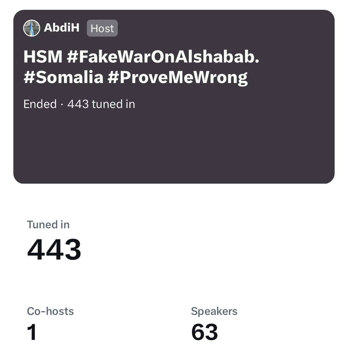 Puntlander416's tweet image. More than 440 people tuned for a discussion on Hassan Sheikh Mahmoud, the president of south Somalia, and his #FakeWaronAlshabab terrorists. The majority of speakers , representing laymen and security experts from various regions of Somalia agreed on the following: a) There is no…