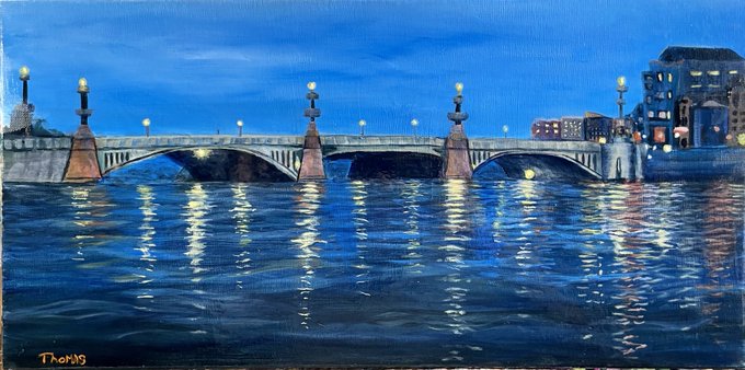 b2sure's tweet image. Capturing Amsterdam's Nocturnal Tranquility
Throwing it back to one of my favorite oil paintings from last year—a mesmerizing  night scene of a three-segment bridge over a serene Amsterdam canal. The city sleeps as the lights dance on the water's surface.  Pl share and comment.
