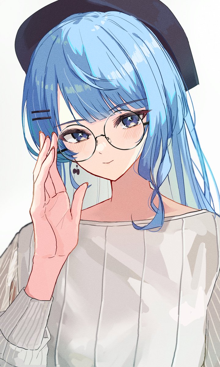 hoshimachi suisei 1girl solo blue hair blue eyes glasses hat long hair  illustration images