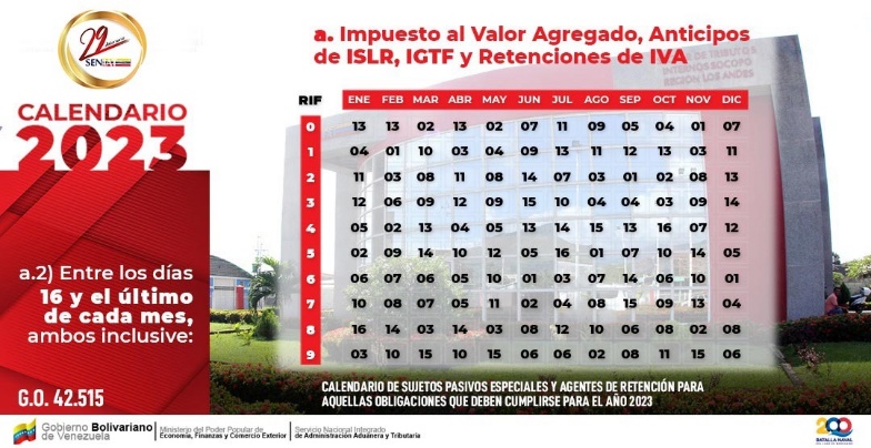 Calendario de Impuesto al Valor Agregado, Anticipo del ISLR, IGTF y retenciones de IVA. 
#SENIATPotenciaLaEconomía