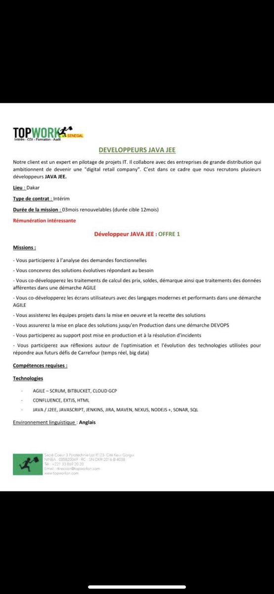 ElimaneNjaay's tweet photo. Hello la famille, nous recrutons
  - Dix(10) Développeurs JavaEE
-  Dix (10) QA Automation 
pour un de nos clients.
Expérience: minimum 05 ans
📝 Type de contrat: Intérim 
🌐 Lieu de travail: Dakar 
💵 Salaire: 900 000 a 1 100 000 FCFA net.
envoyer vos CV: ml.dabo@topwork.sn https://t.co/3QBx41tXjU