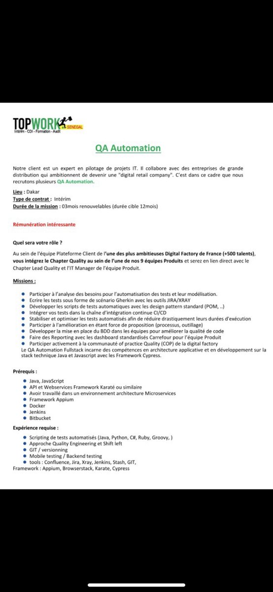 ElimaneNjaay's tweet photo. Hello la famille, nous recrutons
  - Dix(10) Développeurs JavaEE
-  Dix (10) QA Automation 
pour un de nos clients.
Expérience: minimum 05 ans
📝 Type de contrat: Intérim 
🌐 Lieu de travail: Dakar 
💵 Salaire: 900 000 a 1 100 000 FCFA net.
envoyer vos CV: ml.dabo@topwork.sn https://t.co/3QBx41tXjU