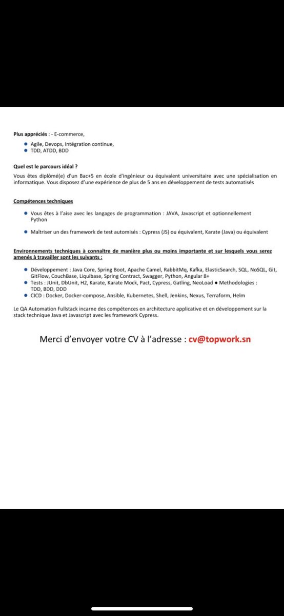 ElimaneNjaay's tweet photo. Hello la famille, nous recrutons
  - Dix(10) Développeurs JavaEE
-  Dix (10) QA Automation 
pour un de nos clients.
Expérience: minimum 05 ans
📝 Type de contrat: Intérim 
🌐 Lieu de travail: Dakar 
💵 Salaire: 900 000 a 1 100 000 FCFA net.
envoyer vos CV: ml.dabo@topwork.sn https://t.co/3QBx41tXjU