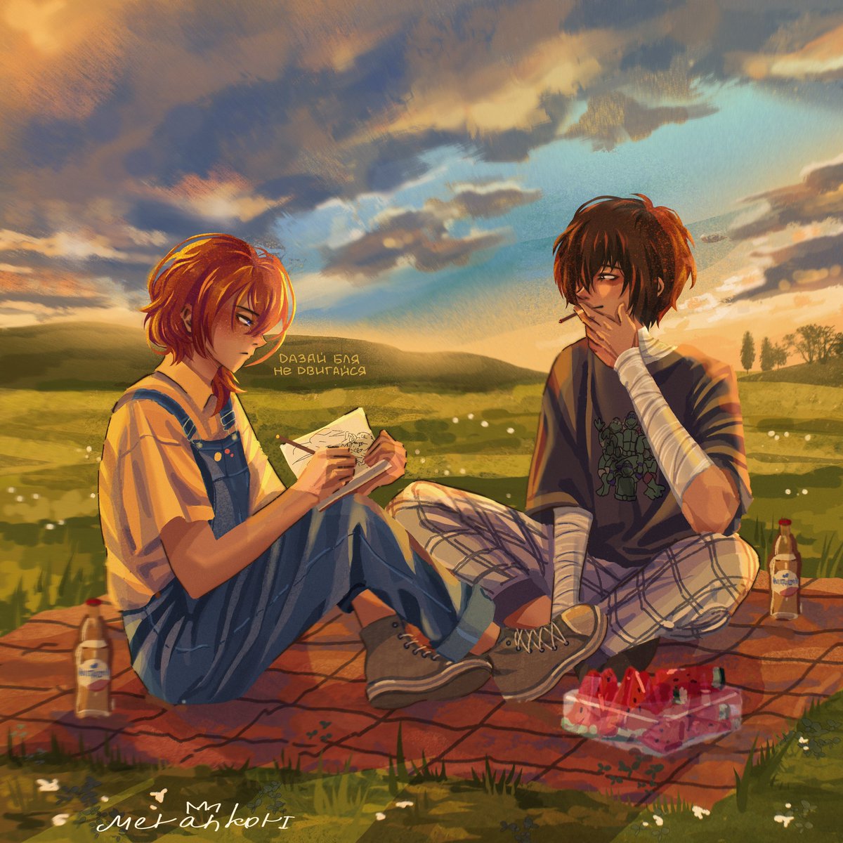 SofiaMerankori's tweet photo. day 1: picnic 
#cosydazaiweek #soukoku #bsd #dazai https://t.co/ekW5Mhu5F6