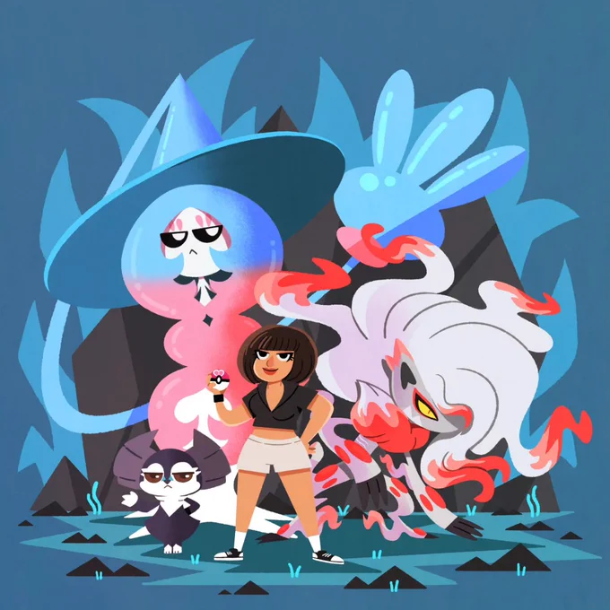 A Hatterene, indeedee, and hisuian zoroark trainer commission