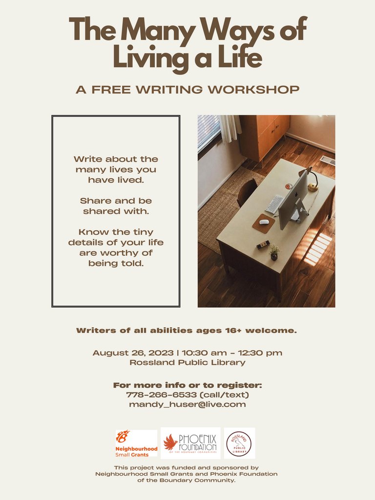 Free Writing Workshop with Mandy @mandyhuser⁠
Saturday August 26th 10:30am-12:30pm ⁠
at the Rossland Library!⁠
⁠
*for ages 16+⁠
To register contact Mandy:⁠
778-266-6533⁠
mandy_huser@live.com⁠
⁠
#rosslandlibrary #writingworkshop #localwriter #rosslandbc⁠