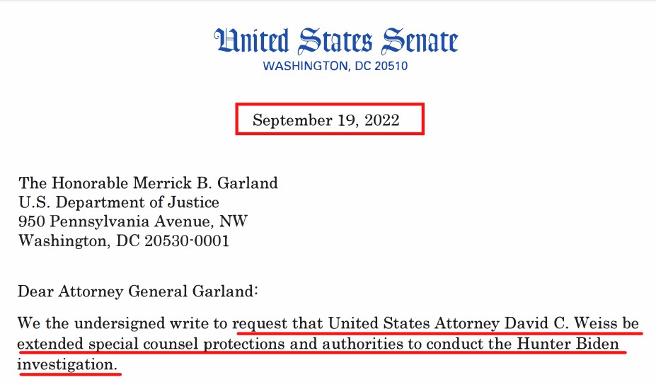 TheSWPrincess's tweet photo. Here's the letter from September 2022 from Senate Republicans asking AG Garland to appoint David Weiss Special Counsel in the investigation of Hunter Biden. 

Now that Weiss was appointed Special Counsel, the same Republicans are complaining that it's not fair.

They aren't serious about justice. They want someone who will manufacture charges and evidence, regardless of whether it actually exists.