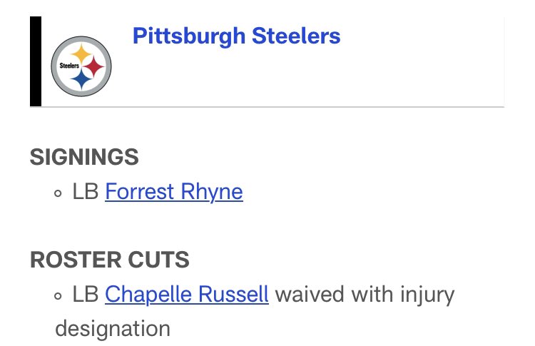 Steelers_News75's tweet photo. Steelers have sighed LB Forrest Rhyne who appeared in 3 games for The Colts. Also cut LB Chapelle Russell #53man #Steelers #SteelersNation https://t.co/QgXRi0grLq