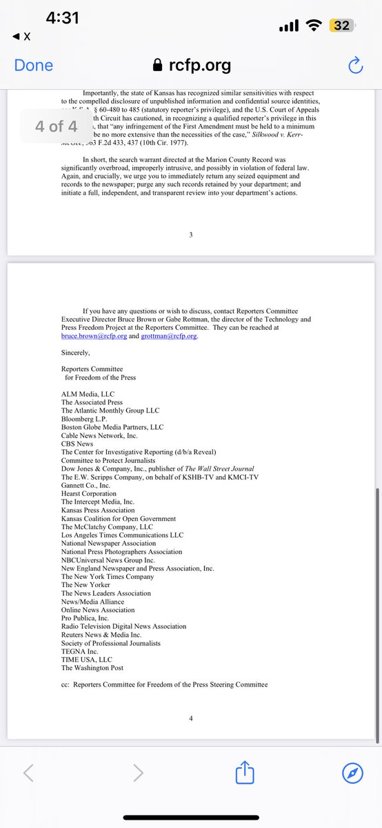 New: The <a href="/rcfp/">Reporters Committee for Freedom of the Press</a> and more than 30 news organizations, including The New York Times, Dow Jones and The Washington Post, have written to the chief of the Marion Police Department to condemn its raid on the Marion County Record: