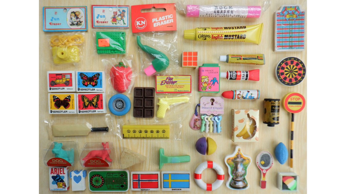 A variety of vintage novelty rubber erasers. 🛒 ebay.co.uk/itm/1662791294… #Vintage #1970s #VintageStationery #NoveltyErasers #eBay