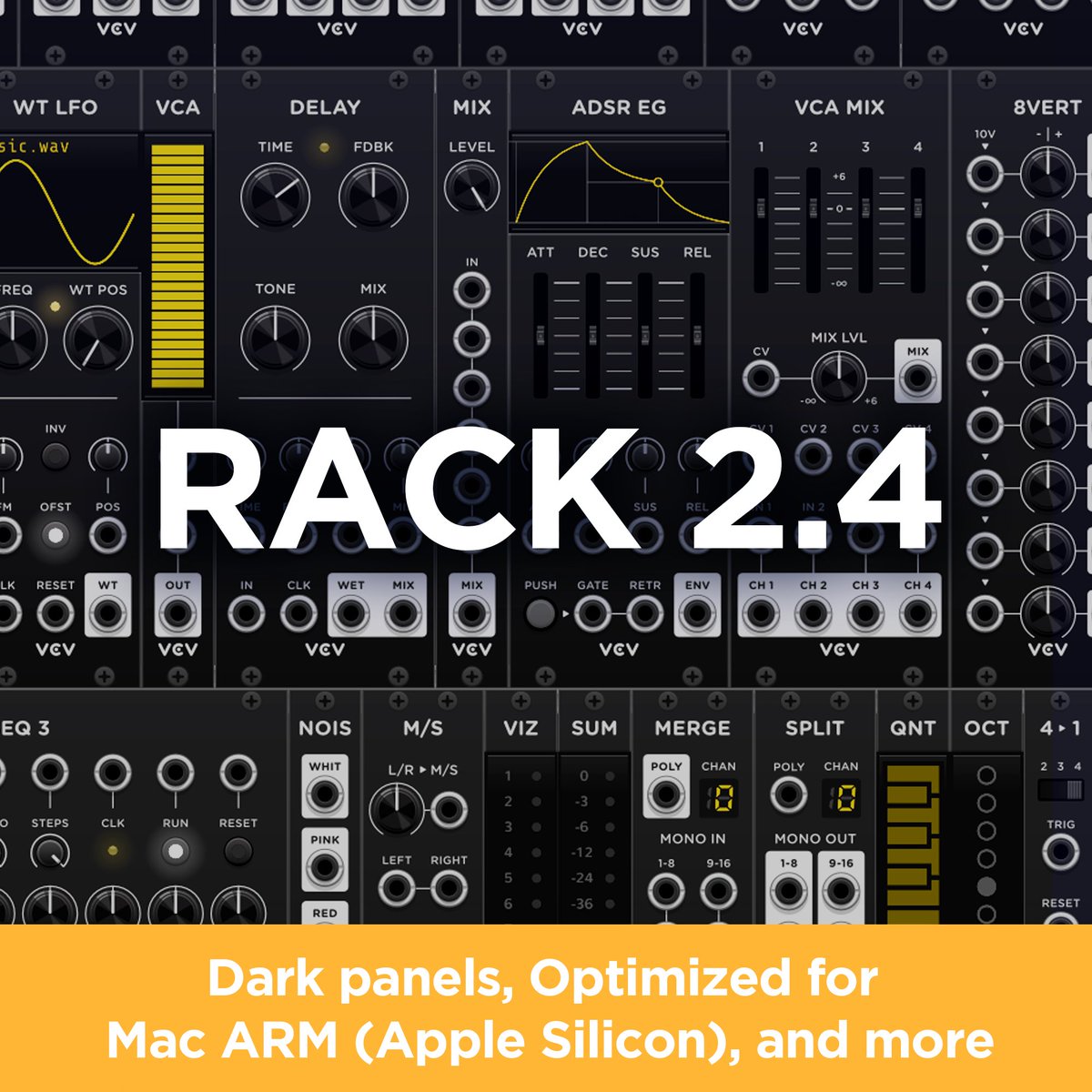 VCV Rack 2.4.0 has been released, including a dark panel setting, Mac ARM64 (Apple Silicon) builds, and a few bug fixes.

vcvrack.com/Rack
Changelog: github.com/VCVRack/Rack/b…