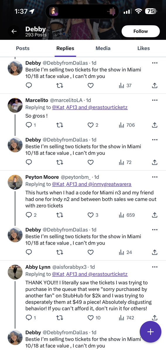 SwiftAF13's tweet photo. @shanita911 @DebbyfromDallas If this bitch @DebbyfromDallas actually had tickets they would’ve been LONG GONE by now but she’s still spamming every post. 😂 100% she’s a scammer. And a really bad one. https://t.co/at90kC2Kfc