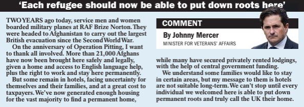 JohnnyMercerUK's tweet photo. As at close of play tonight we had found homes for another 410 Afghans by the end of the week. 

The Afghan Task Force, of veterans, charities and willing citizens, has achieved remarkable things. We will empty the hotels and get these Afghans settled, like we promised. https://t.co/0DBLI27eGm