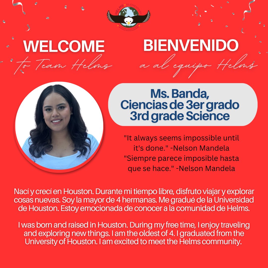 🦅Welcome Ms. Banda!
🦅¡Bienvenido Sra. Banda!

Ms. Banda will be joining the Third Grade Team!
¡La Sra. Banda trabajará con el equipo de tercer grado!