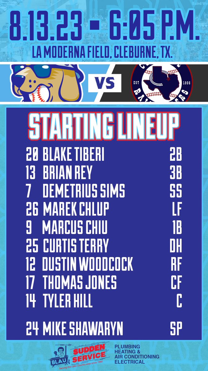 DockHounds's tweet photo. Tonightโs Starting 9 Presented By Blau Plumbing For Our Final Game Of The Series Against The Cleburne Railroaders!โพ๏ธ๐ฏ
Ready To Split The Series Tonight!๐ถ๐ค
#RollHounds #BounceBackGame
#TheHoundsAreBack #HowlYeah https://t.co/N4k8PwMiXj