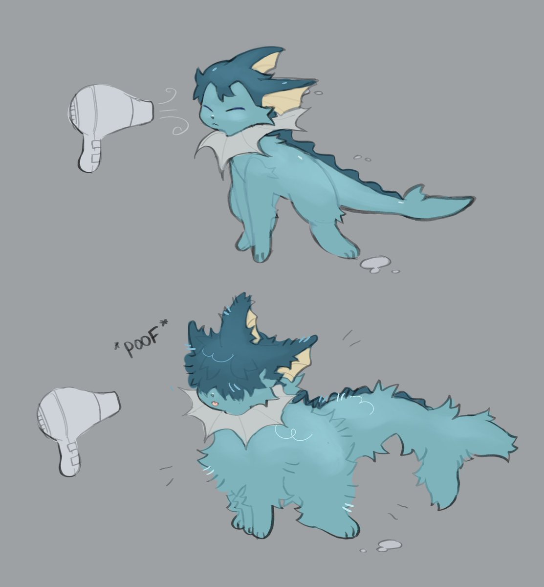 vaporeon no humans pokemon (creature) grey background closed eyes simple background hair dryer wet  illustration images