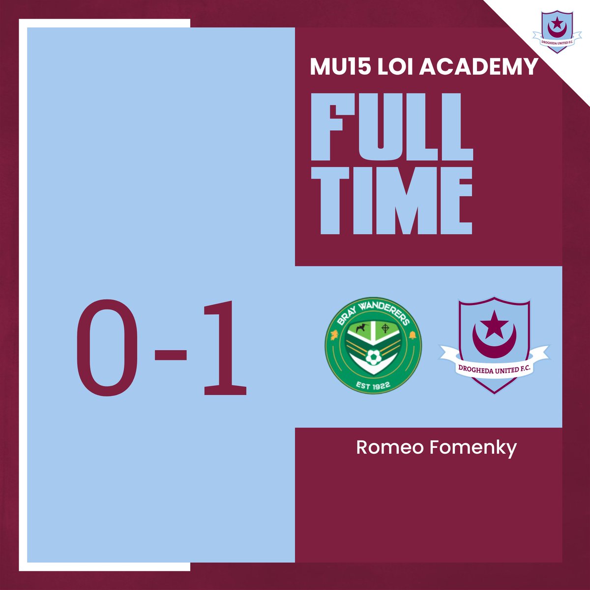 Wins today for our MU19 at home to Galway and MU15 away to Bray.

U19: Galway took the lead before goals from Osaze Irhue and a long range effort by Finn Dolan completed a comeback.

U15: Romeo Fomenky's goal earned the U15s all three points in Ballychrous.