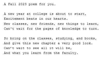 RVCBookstore's tweet image. RVC Bookstore has extended hours this week Mon-Thurs 9-5 &amp;amp; Fri 9-4.  Can&apos;t wait to see all the students shopping for books :).  Check out the poem we wrote for you. 

FA~Link can be used 8/14-9/18 for books, supplies, backpacks, &amp;amp; headphones.  
@RVC_Athletics @rvcgoldeneagles