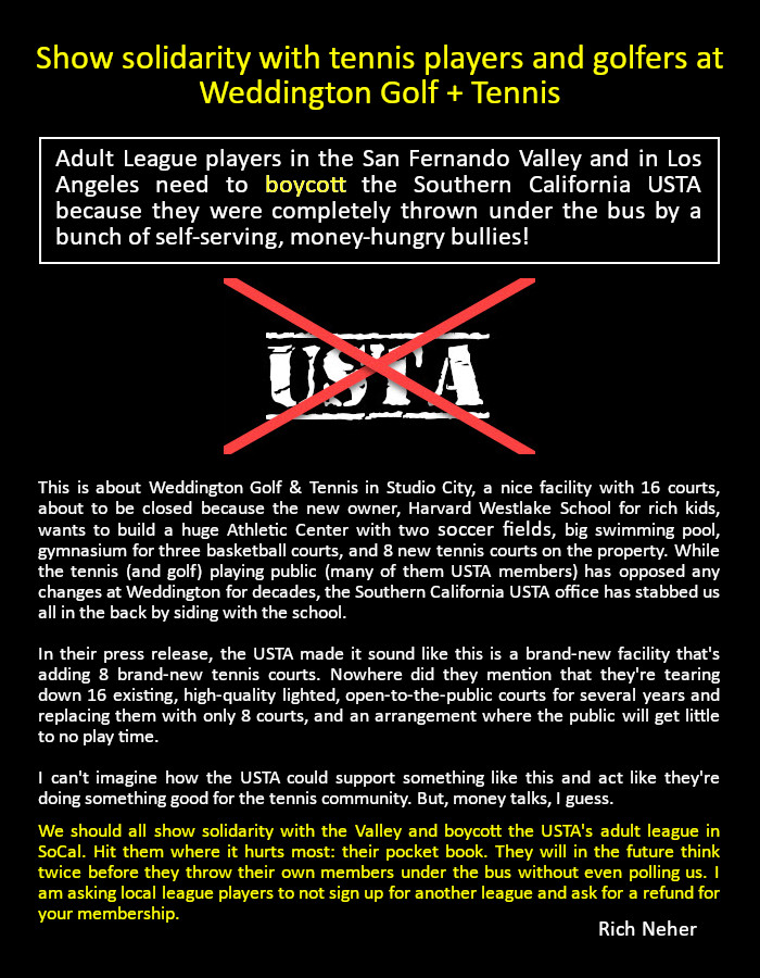 TennisTCB's tweet photo. Solidarity with tennis players and golfers in Studio City: Boycott the USTA! https://t.co/AG5fCFYwXO