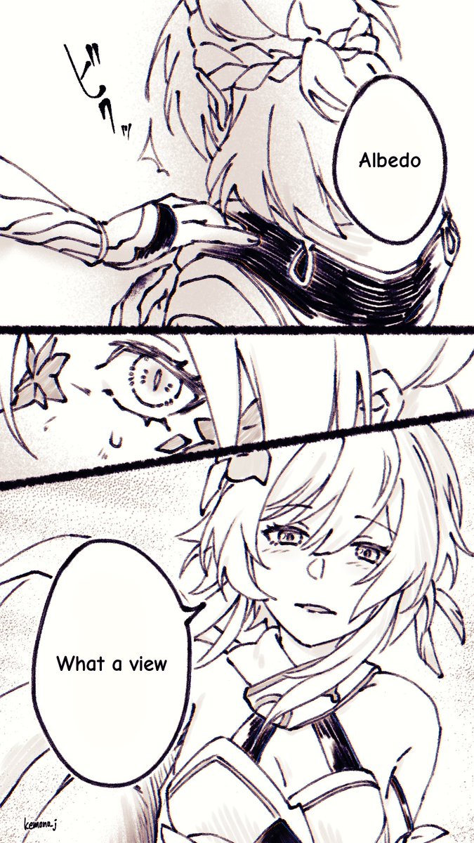 #albelumi (Abyss Lumine)
I made a short story with my friend (#munyumu62) using Albedo's line, "What a view... How about a quick break so I can sketch this beautiful scenery?"