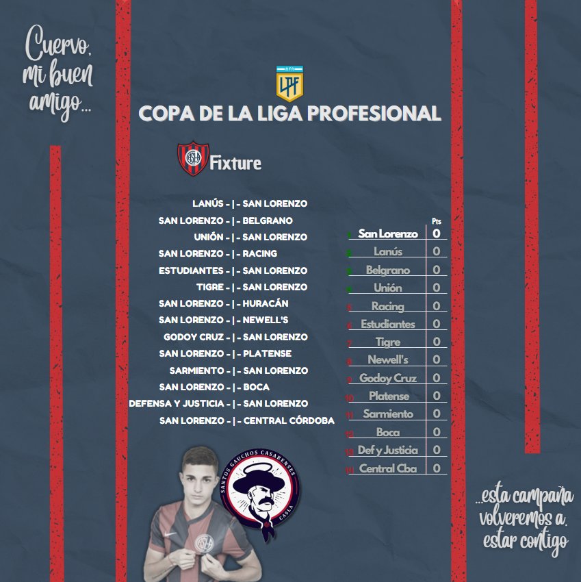 SantosGauchos's tweet photo. 🗣 Cuervo, mi buen amigo...

🙌🏼 El próximo fin de semana comienza la Copa de la Liga y este es el fixture de San Lorenzo

💪🏼 Comienza una nueva ilusión del equipo del Gallego Insúa y ahí estaremos alentando

🇰🇭 Sumate a la Peña, somos San Lorenzo en Carlos Casares https://t.co/2J54SlofN3