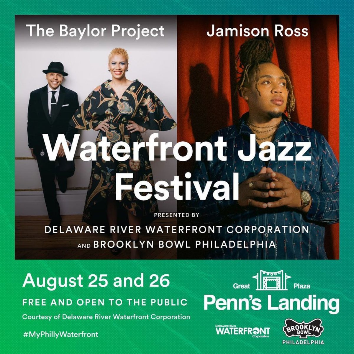 MarcusBaylor's tweet photo. ✨PHILLY “FREE” WATERFRONT JAZZ FESTIVAL at Penn’s Landing with @thebaylorproject (August 25th) &amp; @jamison_ross (August 26th)!
The much anticipated Waterfront Jazz Festival presented by #DRWC and Brooklyn Bowl Philadelphia are a few weeks away. #PhillyWaterfront  Free. All ages. https://t.co/Kr0vxDdSMI