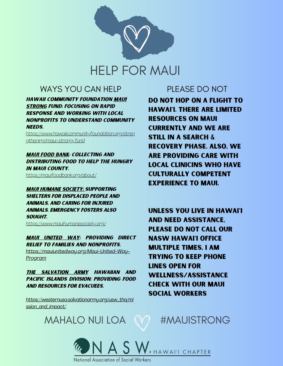 naswsd's tweet photo. @NASWHawaii is “overwhelmed by requests” from out-of-state #SocialWorkers on how they can help residents devastated by wildfires sweeping across Maui, says Chapter Exec. Director Sonja Bigalke-Bannan, MSW, LCSW. Here are ways she says you can help #Hawaii #HawaiiFires #MauiFires https://t.co/d4AdkdUDTj