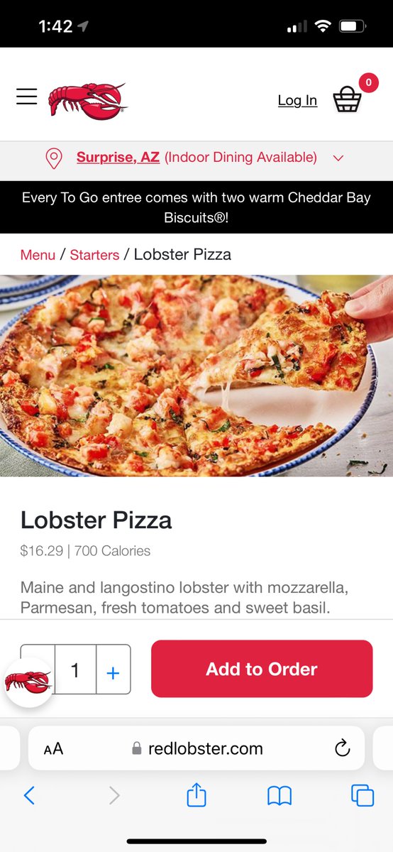 Got a takeout <a href="/redlobster/">Red Lobster</a> in Surprise, AZ.  Not a good surprise when we opened the lobster pizza box.