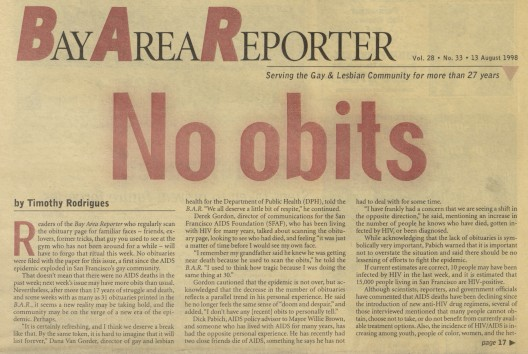 25 years ago today, the Bay Area Reporter published its famous frontpage banner headline "NO OBITS," announcing that for the first time since the beginning of the HIV/AIDS crisis in 1981, no obituaries had been submitted for that week's issue.