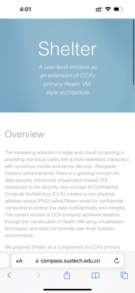 Hackin9's tweet photo. Happy to present our Shelter work at @USENIXSecurity 2023. 

Shelter is a new user-space TEE on Arm, which is a complement to CCA’s primary Realm VM-style architecture.

Source code is released at https://t.co/HZ2W1df0z5 https://t.co/1ip0QFjCNK