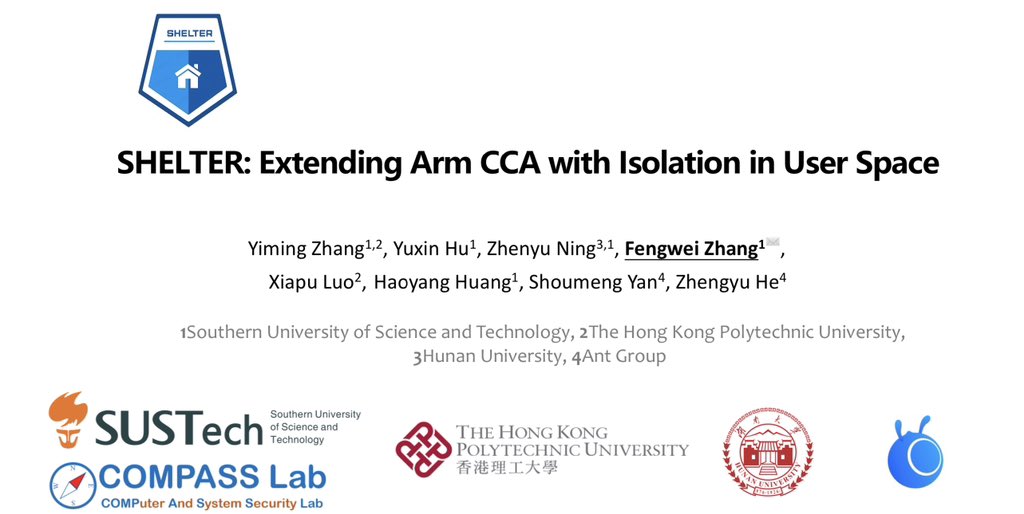 Hackin9's tweet photo. Happy to present our Shelter work at @USENIXSecurity 2023. 

Shelter is a new user-space TEE on Arm, which is a complement to CCA’s primary Realm VM-style architecture.

Source code is released at https://t.co/HZ2W1df0z5 https://t.co/1ip0QFjCNK