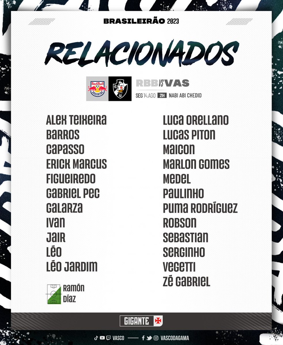 📋 Relacionados para o jogo contra o RB Bragantino 💢

#RBBxVAS
#RelacionadosVasco
#VascoDaGama