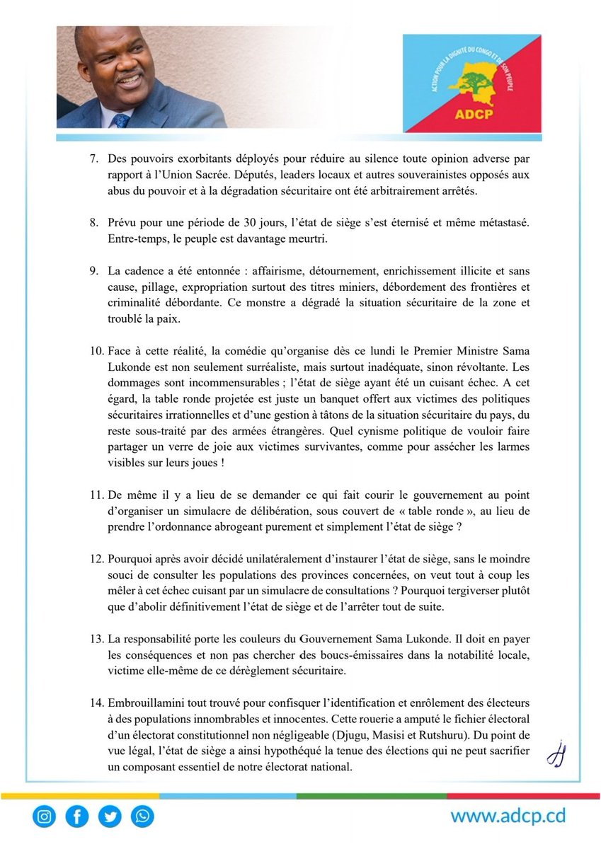 CNangaa's tweet photo. #RDC Instauré unilatéralement et dans l’irrévérence constitutionnelle sous prétexte de restaurer la paix par l’éradication des forces négatives (FDLR, ADF-Nalu, CODECO et MAI-MAI notamment), l’état de siège aura été un chapitre malheureux de la stratégie de l’ennemi naïvement endossée par notre Gouvernement. En effet l’état de siège, une idée préalablement étrangère émise par les “frères et partenaires fiables”  du régime (Paul Kagame), était un attrape-nigaud destiné à mettre en pièces l’administration des entités concernées.

Utilisé comme une mailloche de répression, l’état de siège a servi d’instrument d’écrasement de la dissidence politique interne pendant que le régime collabore avec les institutions militaires d’agression. Étonnant  de voir que les forces négatives que l'Etat de siège était sensé combattre deviennent ces jours les alliés du régime. Les Mai-Mai sont devenus, on ne sait par quelle baguette magique, les WAZALENDO et on compterait désormais certains éléments des FDLR au sein de la Garde Républicaine aussi bien à Kinshasa qu’à Lubumbashi. Le CODECO se voit de son côté doté d’engins, d’équipements et des matériels d’exploitation de minerais à Djugu et Mahagi.

La cadence a été entonnée: affairisme, détournement,  enrichissement illicite et sans cause, pillage, expropriation surtout des titres miniers, débordement des frontières et criminalité débordante. Ce monstre a dégradé la situation sécuritaire de la zone et troublé la paix.

La responsabilité porte les couleurs du Gouvernement Sama Lukonde. Il doit en payer les conséquences et non pas chercher des boucs-émissaires dans la notabilité locale, victime elle-même de ce dérèglement sécuritaire.