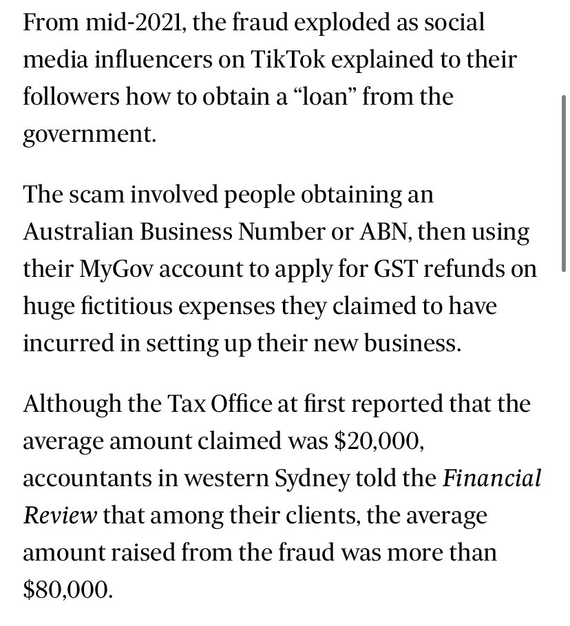 Mark Di Stefano (@markdistef) on Twitter photo Crazy from <a href="/NeilChenoweth/">Neil Chenoweth</a> — The Australian tax office is grappling with a $4.5 billion fraud scheme, the largest in history, whereby TikTok influencers explained to people how they could falsely claim GST refunds.
afr.com/companies/prof… Crazy from <a href="/NeilChenoweth/">Neil Chenoweth</a> — The Australian tax office is grappling with a $4.5 billion fraud scheme, the largest in history, whereby TikTok influencers explained to people how they could falsely claim GST refunds.
afr.com/companies/prof…