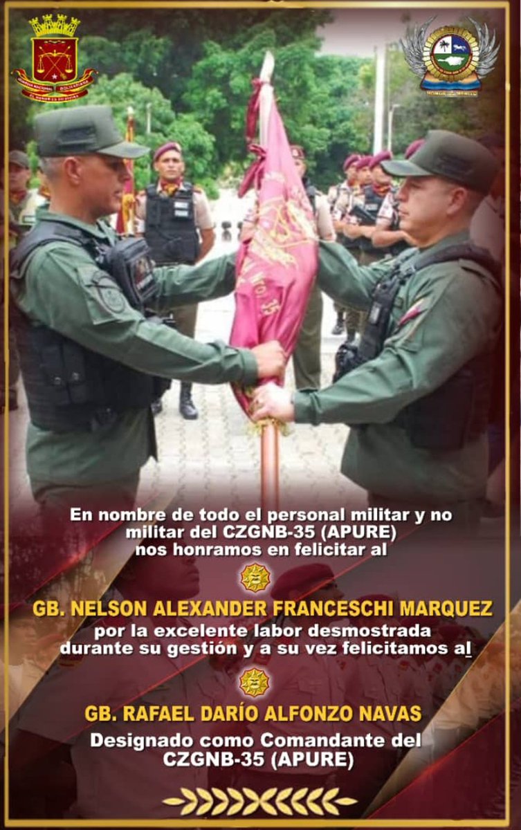 CmdteApure35's tweet photo. #13Ago || En nombre de todo el personal militar que conforman esta Unidad se complacen en felicitar al Ciudadano GB. Rafael Alfonzo Navas, por su merecida designación como Comandante del @CmdteApure35 https://t.co/eL1N32ZsxO