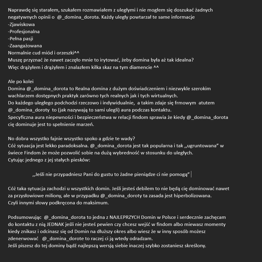 Recenzent_Domin's tweet photo. RECENZJA #03 @_domina_dorota
Czy można być idealną Dominą?
Bo takie opinię krążą wokół Królowej Doroty, ale czy jest to prawda?
Czy na tym diamacie można jednak znaleźć jakieś rysy?
Po rozmowach z uległymi i dokładnej analizie
stworzyłem obiektywną recenzje
Serdecznie zapraszam^^ https://t.co/3eleYbCyes