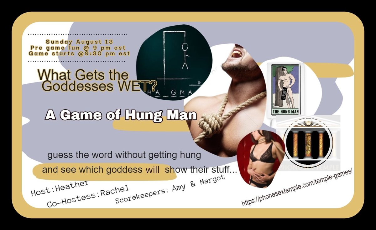 #Sunday is #gamenight! #cum and play HUNGMAN!  
GAME STARTS IN 1 HOUR!!!!

Get in here: 
phonesextemple.com/temple-games/   

Come out and win 1 of 4 chances to #win #freecalls!   
Entry is free and the game starts at 9PM (EST)

<a href="/HeatherHayesPST/">Heather Rose Hayes</a> <a href="/CarnalChrissy/">Chrissy Lacemont</a>